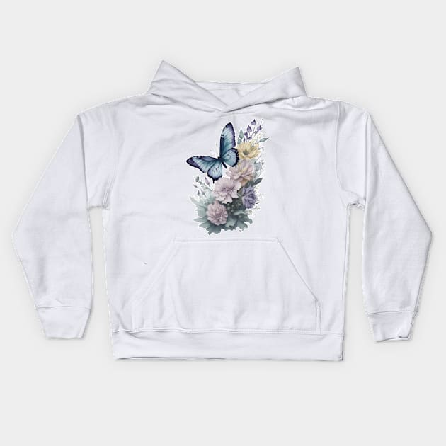 Butterfly around Flowers | Scattered Watercolor in Pastel Colors Kids Hoodie by General Corner